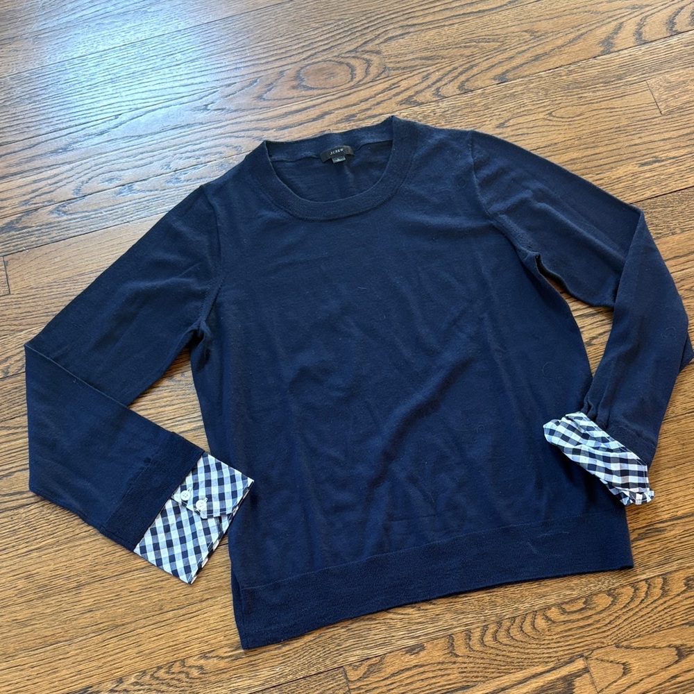J. Crew Navy merino wool Crewneck Sweater with Contrast gingham Cuffs, L